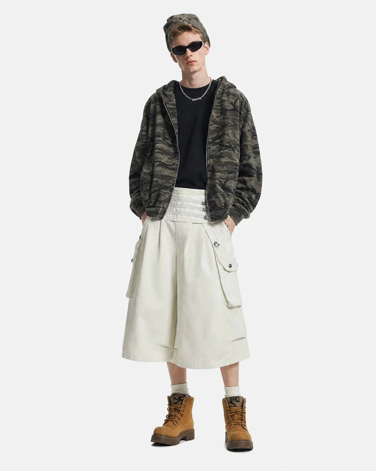 Omygoods Metal Button Longline Cargo Shorts