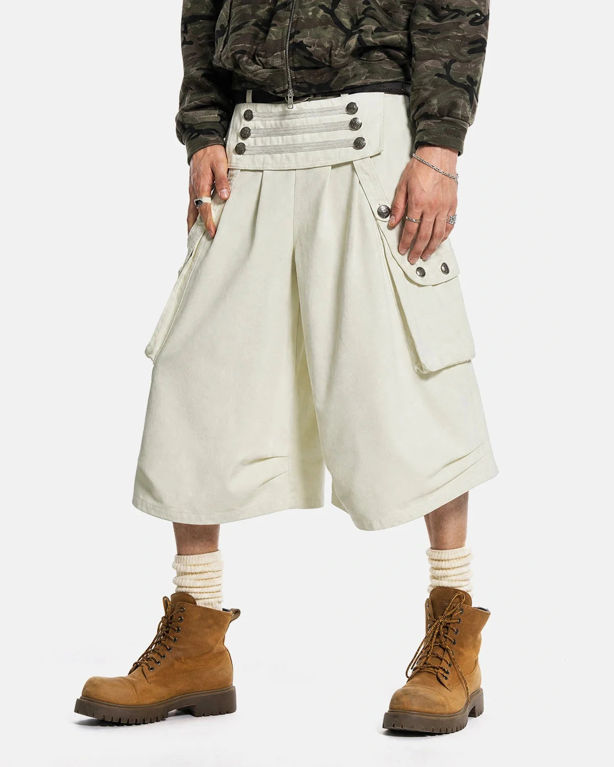 Omygoods Metal Button Longline Cargo Shorts