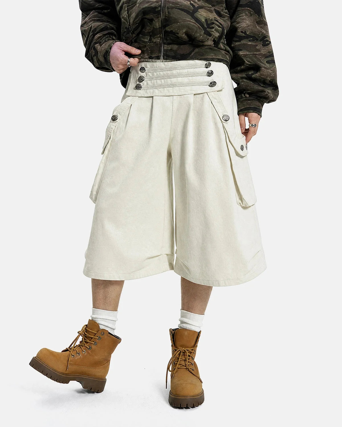 Omygoods Metal Button Longline Cargo Shorts