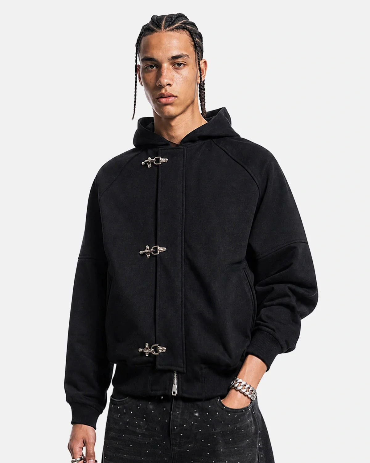 Omygoods Metal Clasp Boxy Zip Up Hoodie