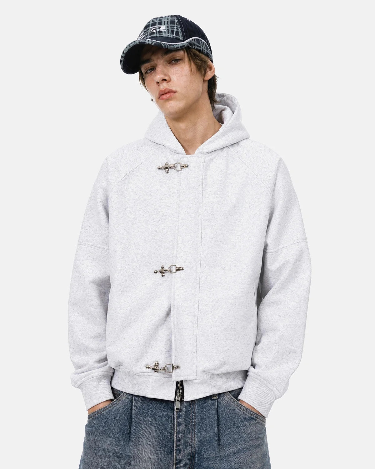 Omygoods Metal Clasp Boxy Zip Up Hoodie