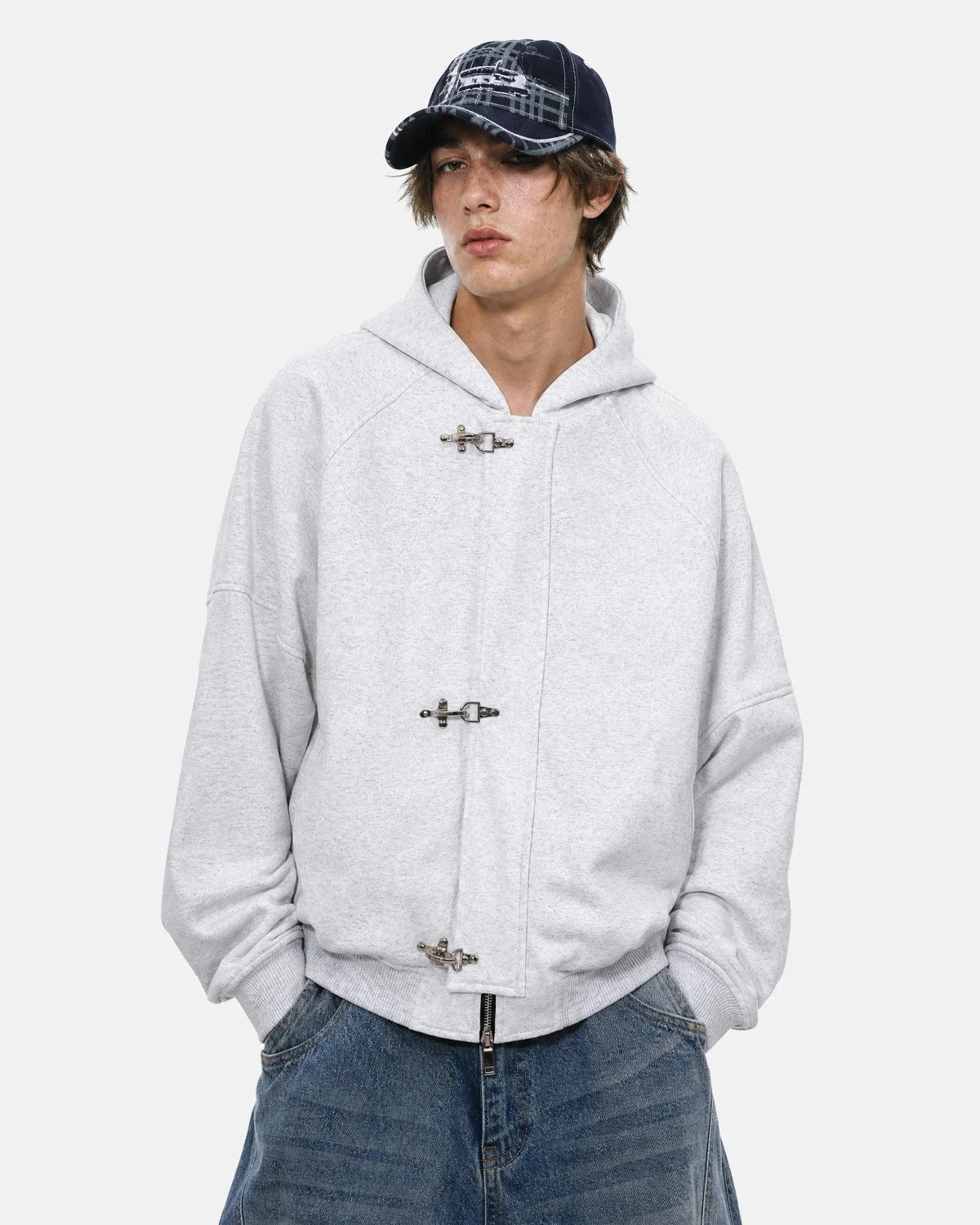 Omygoods Metal Clasp Boxy Zip Up Hoodie