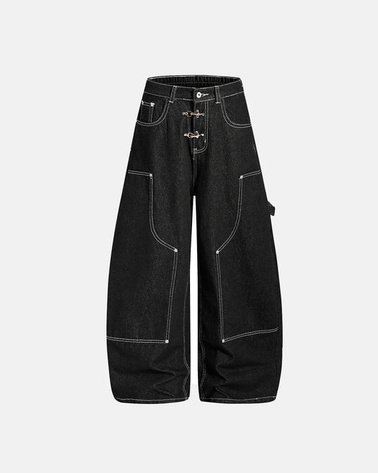 Omygoods Metal Clasp Contrast Stitch Baggy Jeans