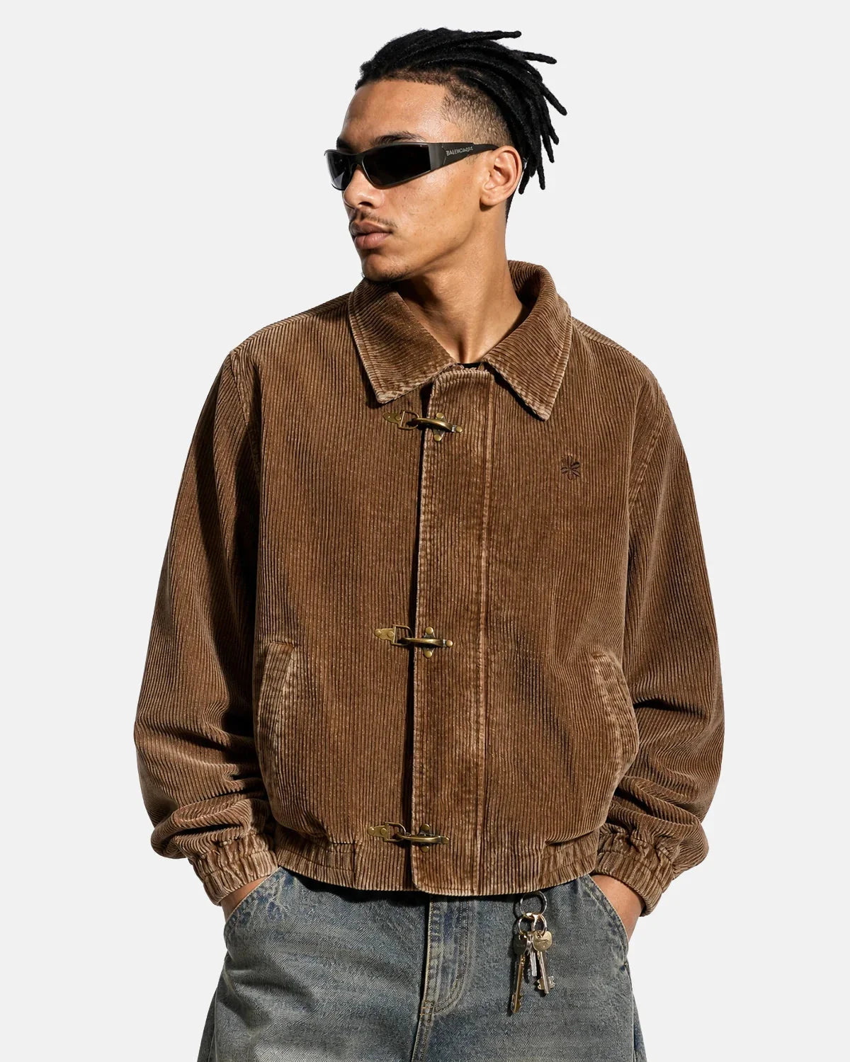 Omygoods Metal Clasp Corduroy Boxy Jacket