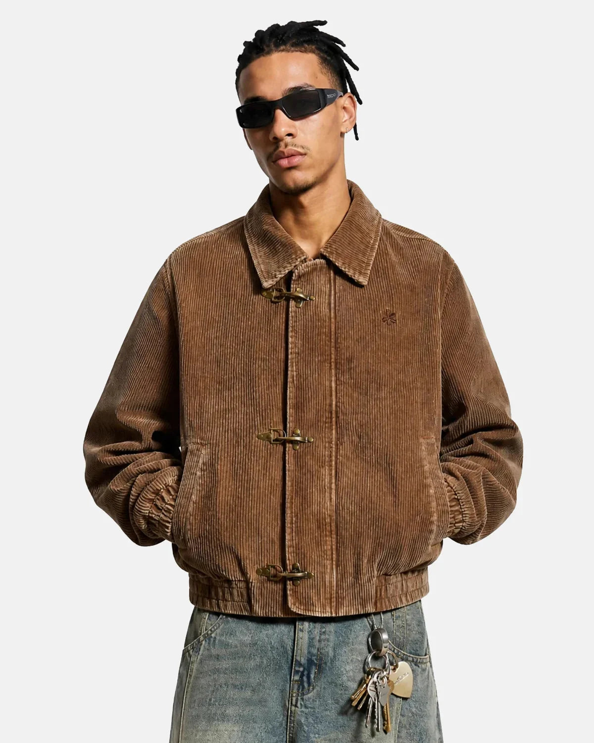 Omygoods Metal Clasp Corduroy Boxy Jacket