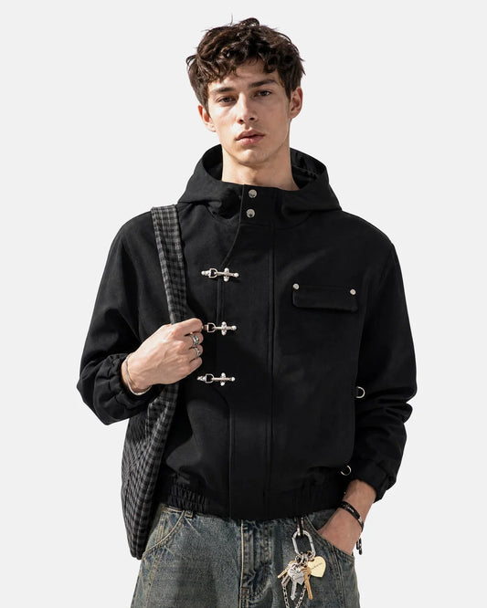 Omygoods Metal Clasp Hooded Bomber Jacket