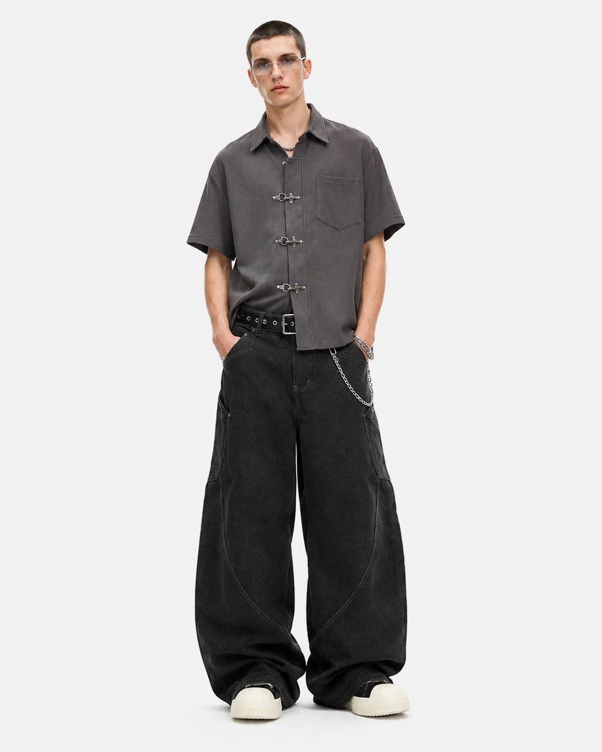 Omygoods Metal Clasp Waffle Shirt