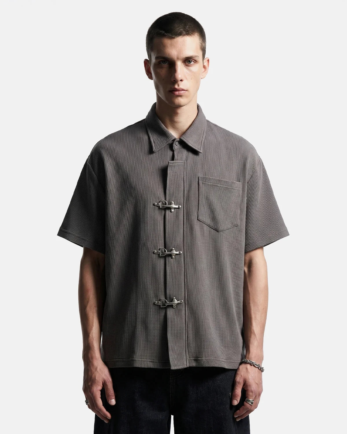 Omygoods Metal Clasp Waffle Shirt