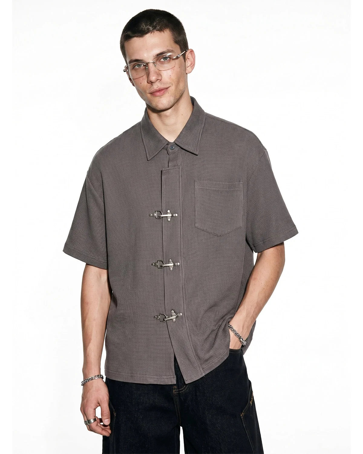Omygoods Metal Clasp Waffle Shirt