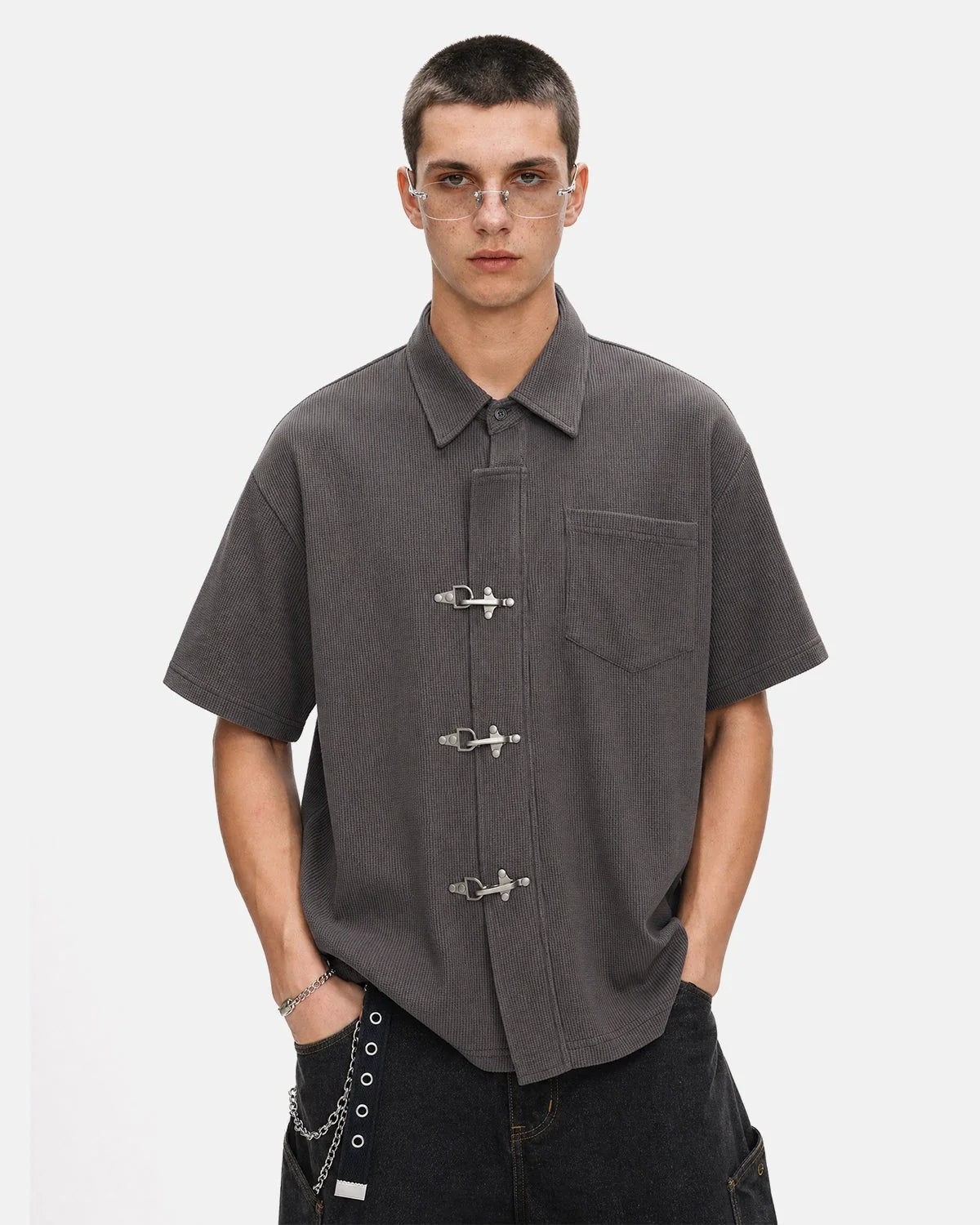 Omygoods Metal Clasp Waffle Shirt