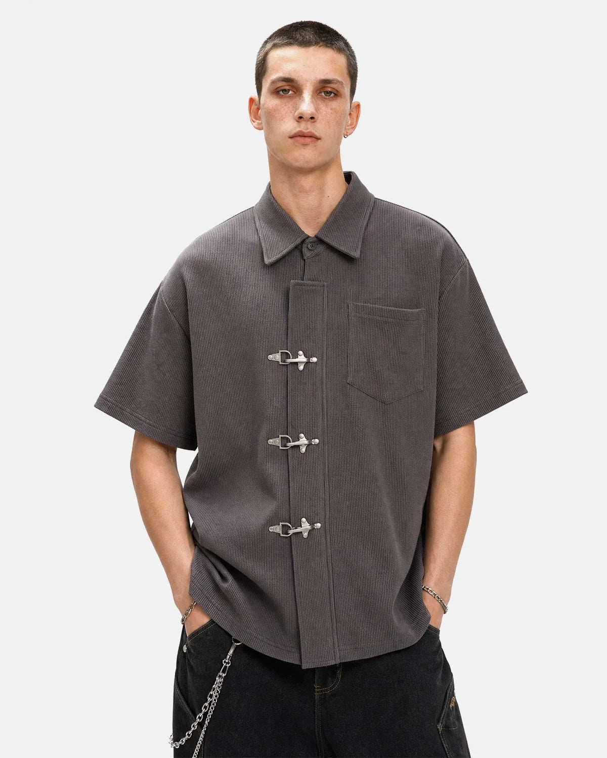 Omygoods Metal Clasp Waffle Shirt