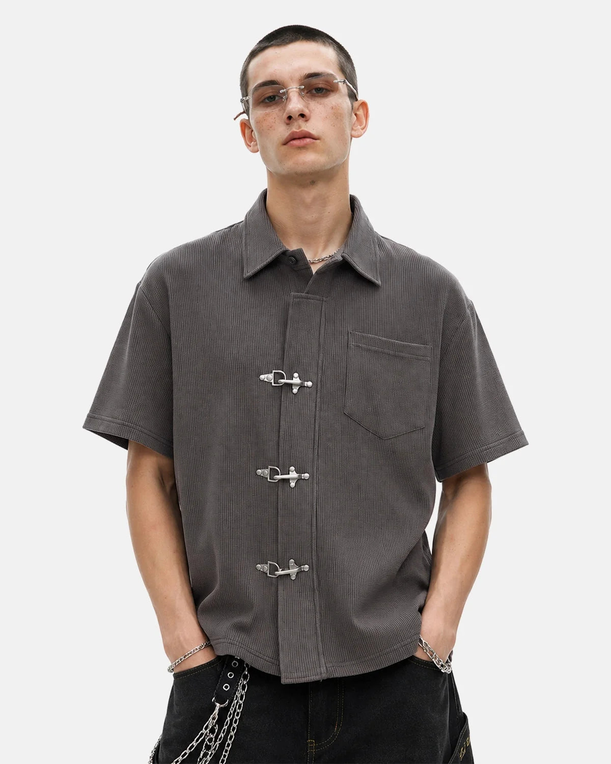Omygoods Metal Clasp Waffle Shirt