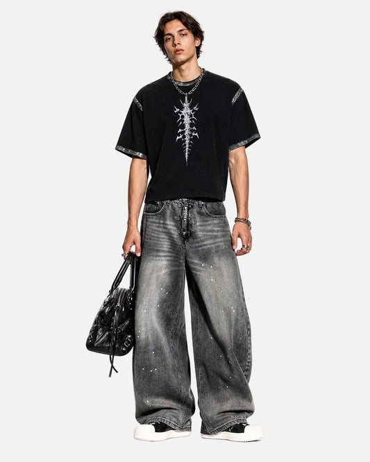 Omygoods Metal Clasp Washed Barrel Jeans
