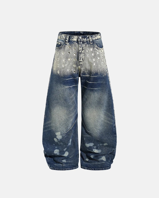 Omygoods Metal Eyelet Washed Barrel Jeans