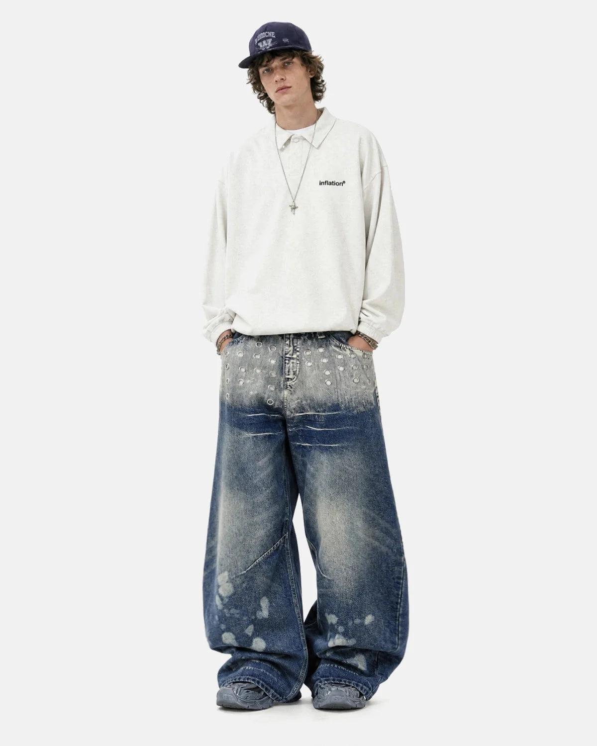 Omygoods Metal Eyelet Washed Barrel Jeans