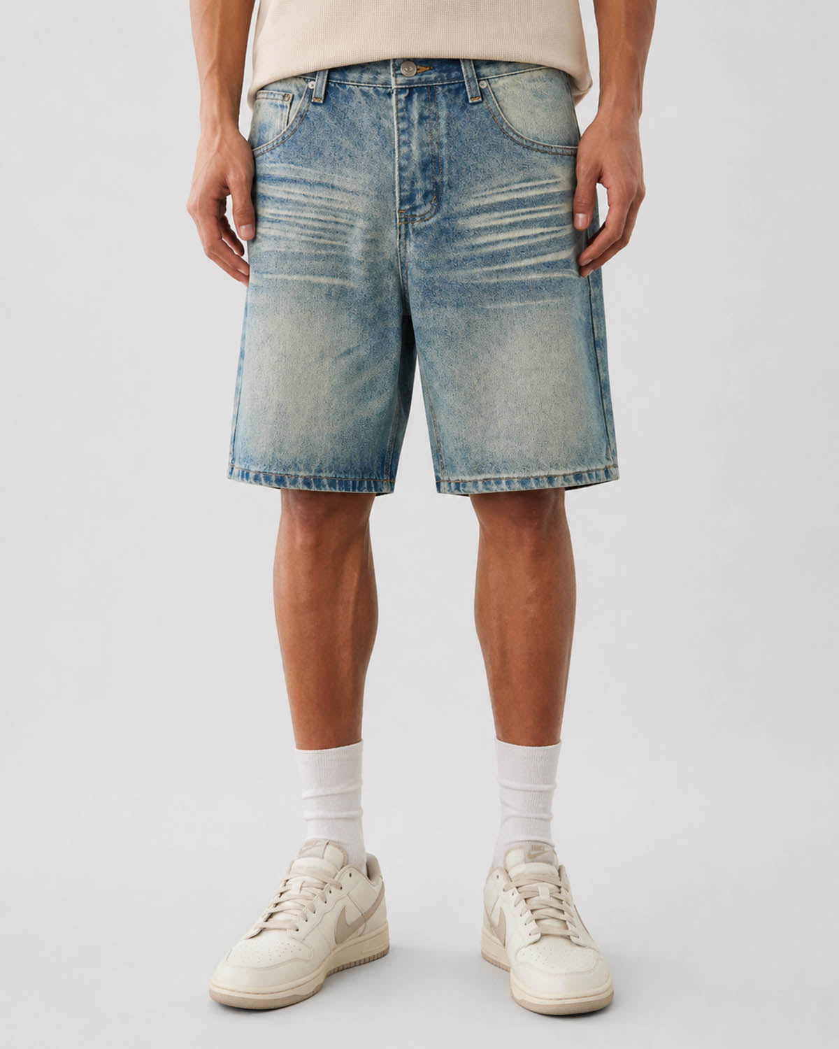 Omygoods Mid-Length Washed Denim Shorts
