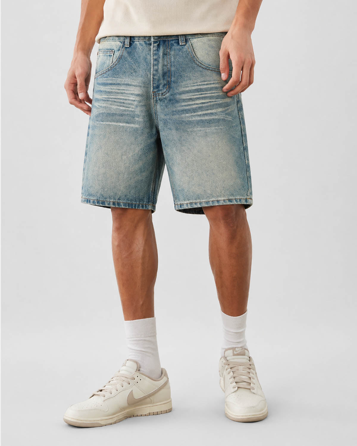 Omygoods Mid-Length Washed Denim Shorts