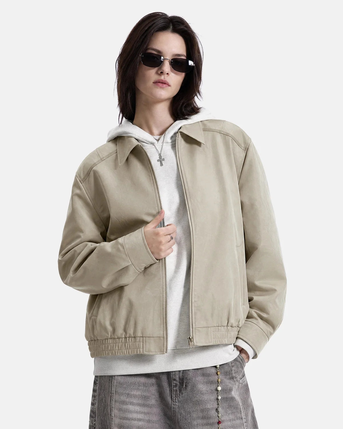 Omygoods Minimalist PU Leather Zip Up Jacket