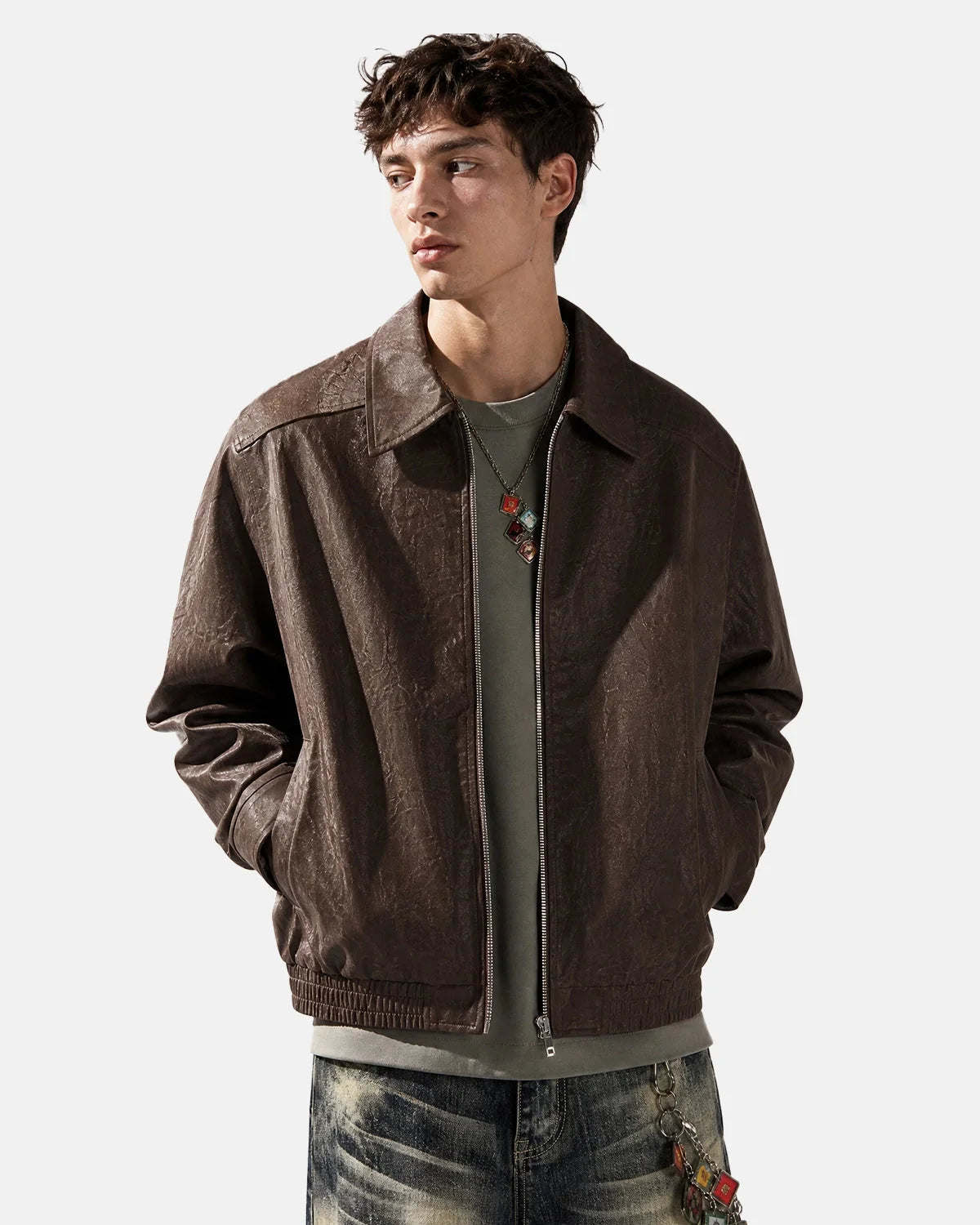 Omygoods Minimalist PU Leather Zip Up Jacket