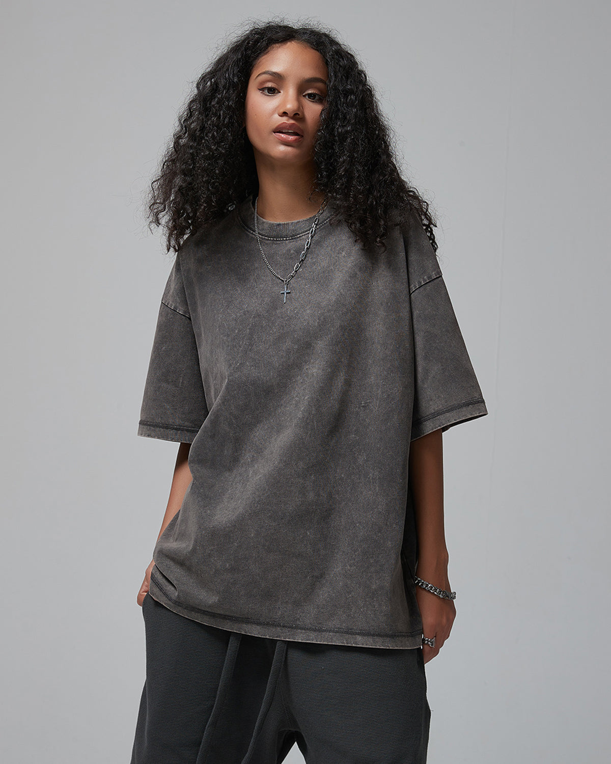 Omygoods Mock Neck Wax Washed T-Shirt
