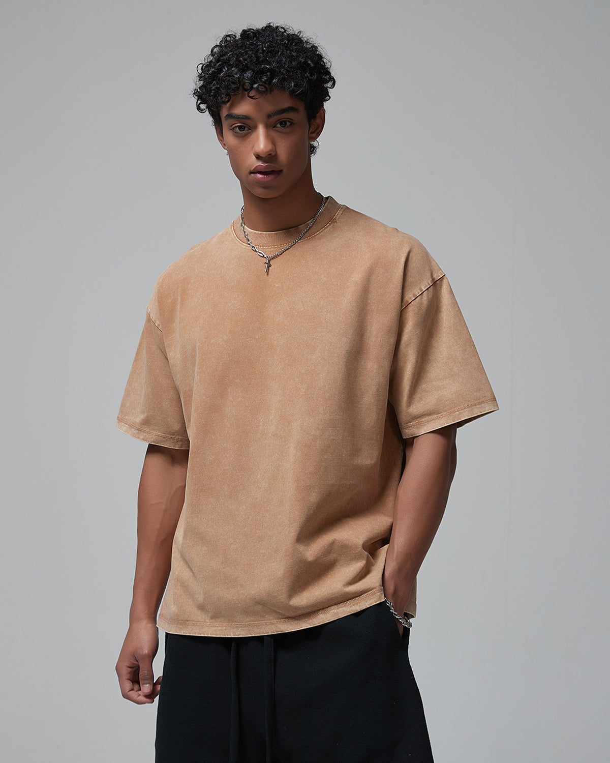 Omygoods Mock Neck Wax Washed T-Shirt