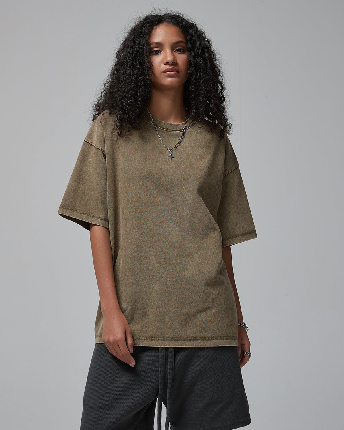 Omygoods Mock Neck Wax Washed T-Shirt
