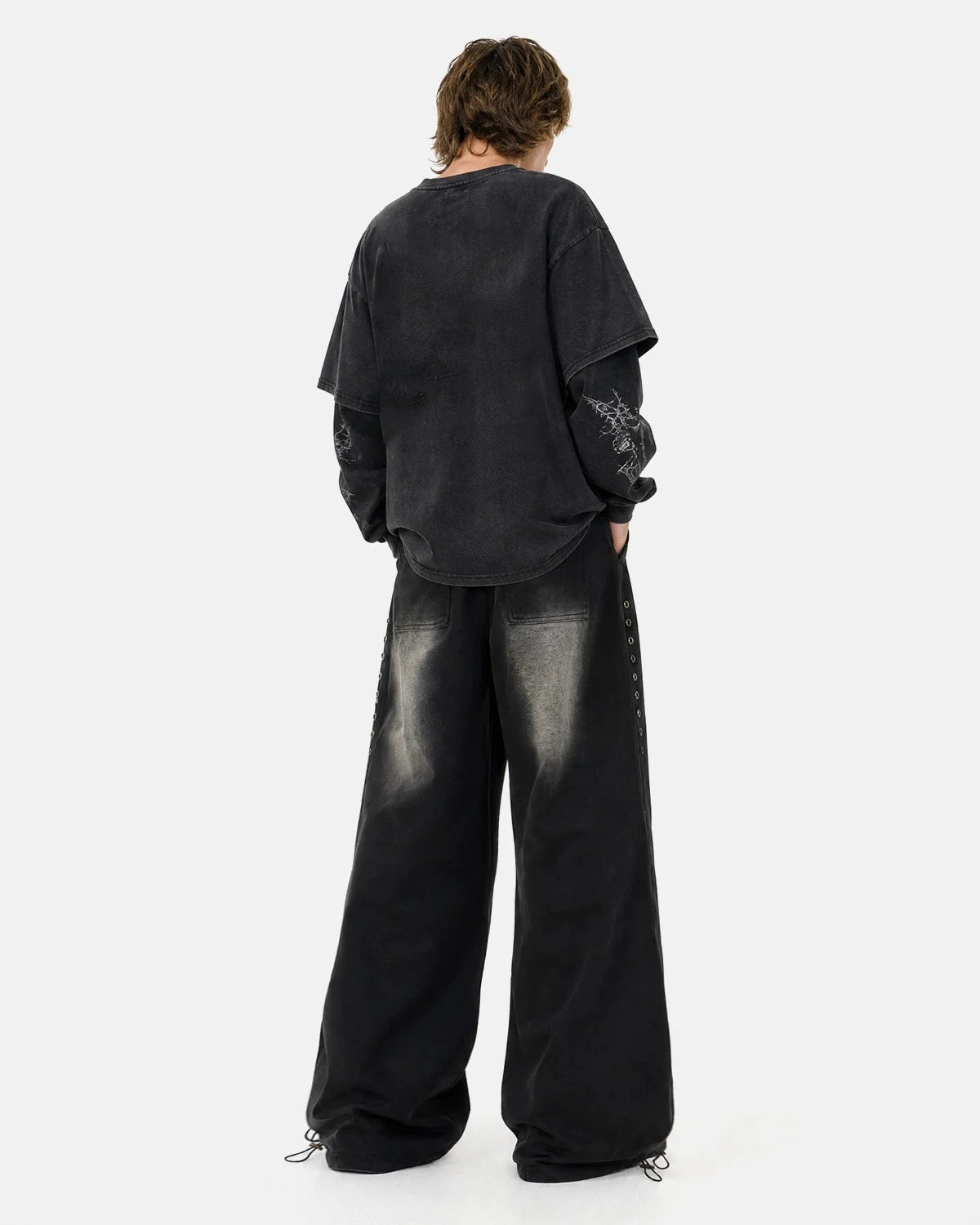 Omygoods Monkey Wash Eyelet Wide Leg Sweatpants