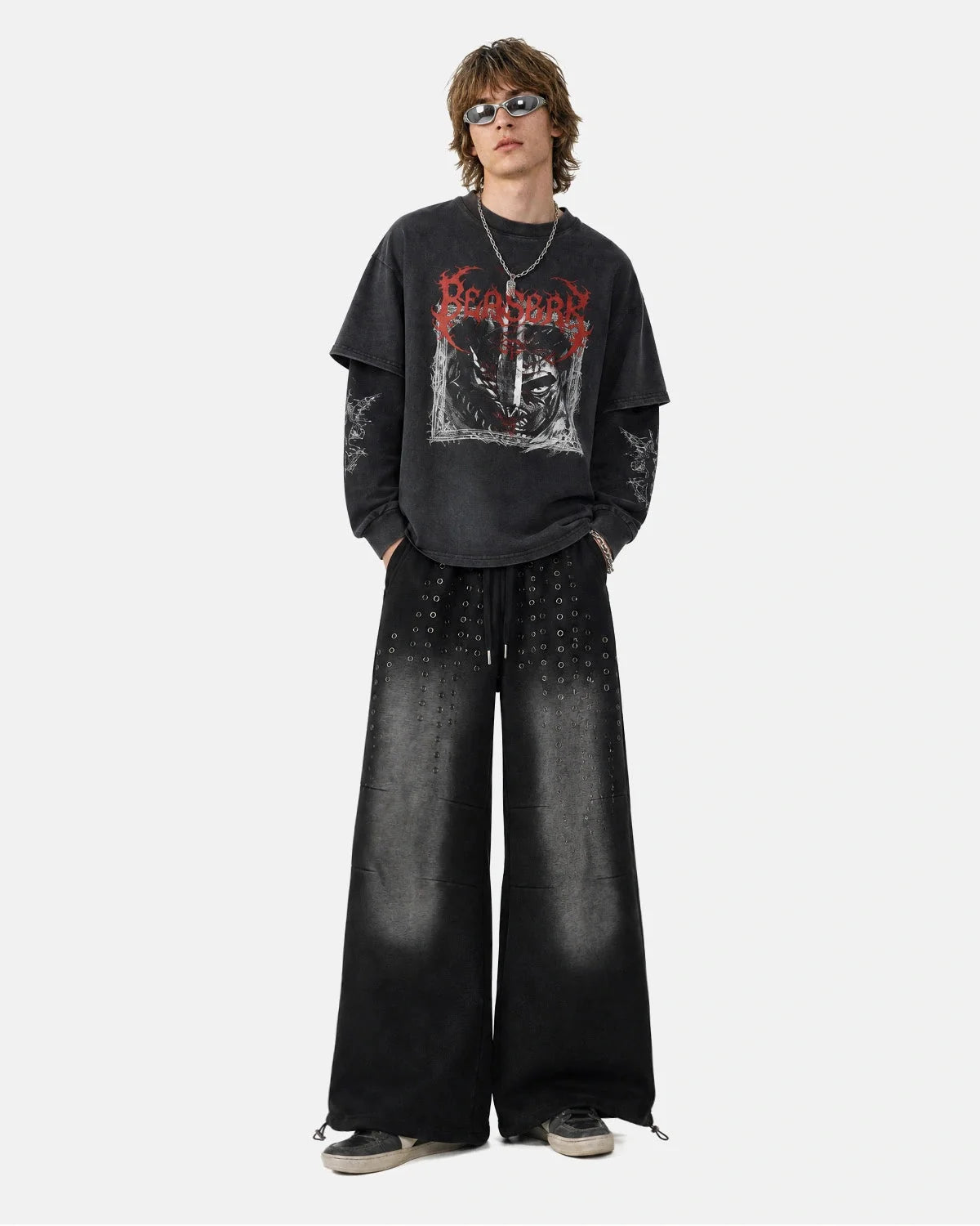 Omygoods Monkey Wash Eyelet Wide Leg Sweatpants