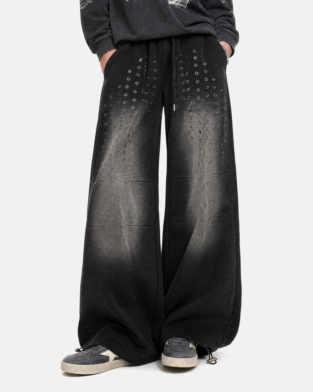 Omygoods Monkey Wash Eyelet Wide Leg Sweatpants