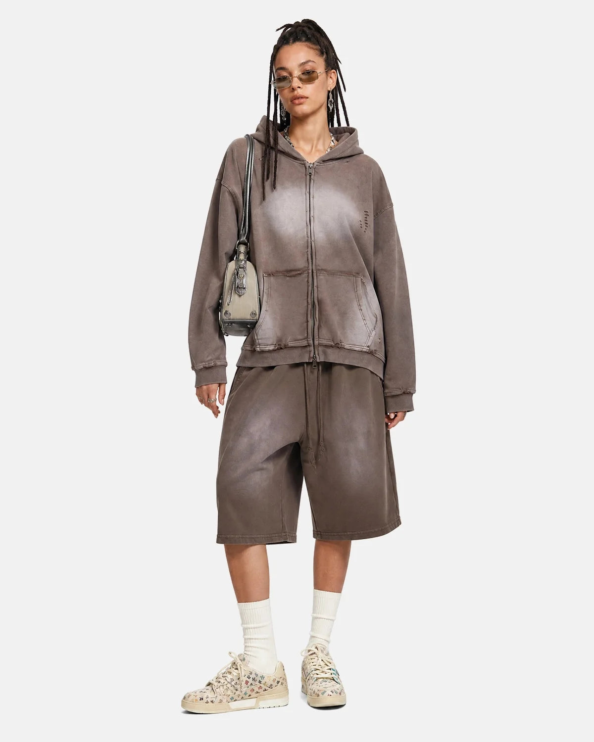 Omygoods Monkey Wash Ripped Zip Up Hoodie