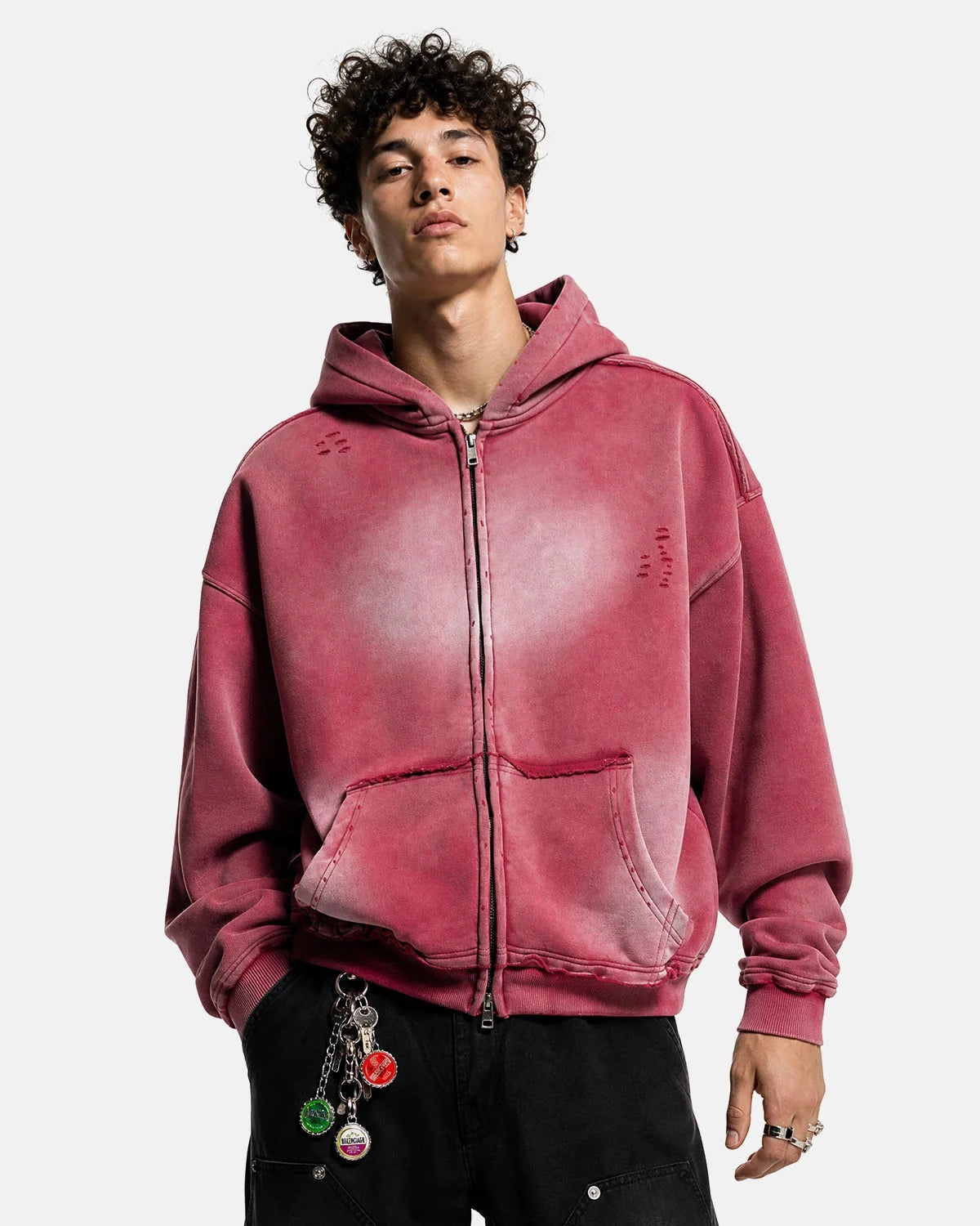 Omygoods Monkey Wash Ripped Zip Up Hoodie