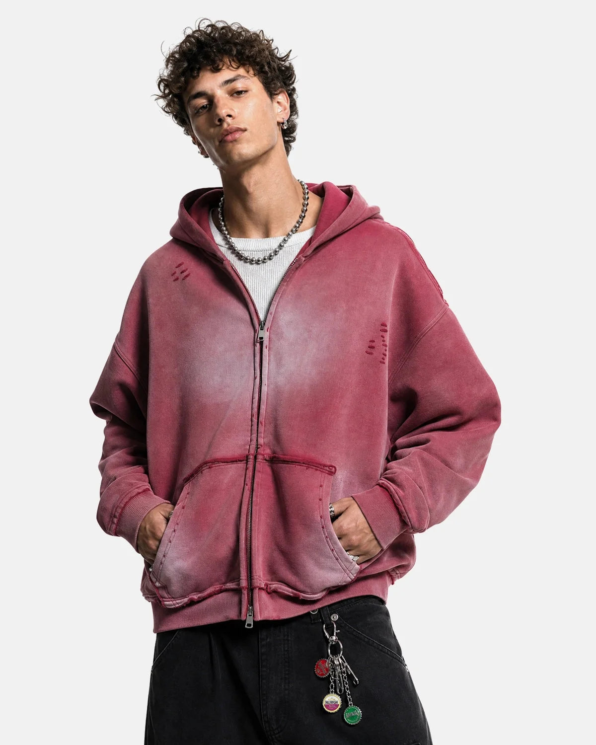 Omygoods Monkey Wash Ripped Zip Up Hoodie