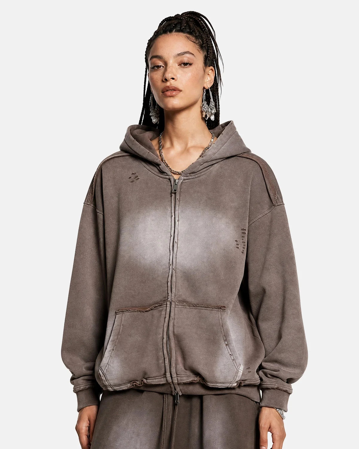 Omygoods Monkey Wash Ripped Zip Up Hoodie