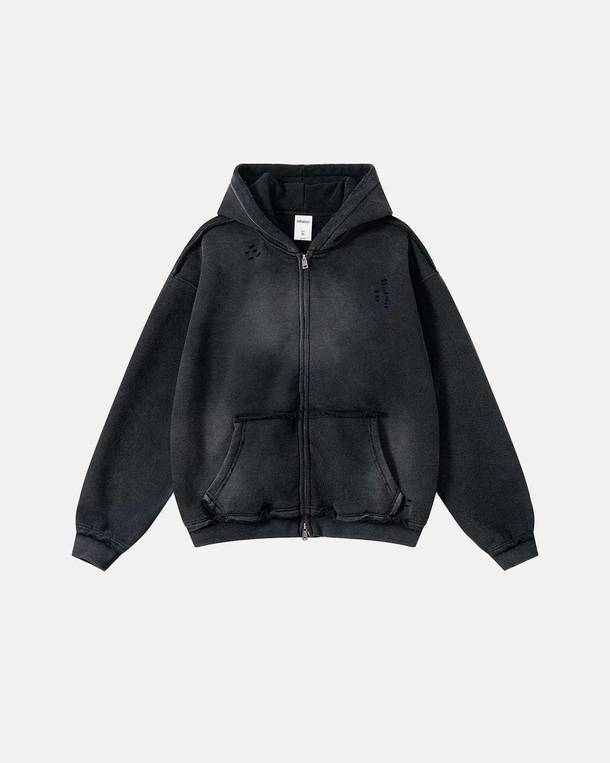 Omygoods Monkey Wash Ripped Zip Up Hoodie