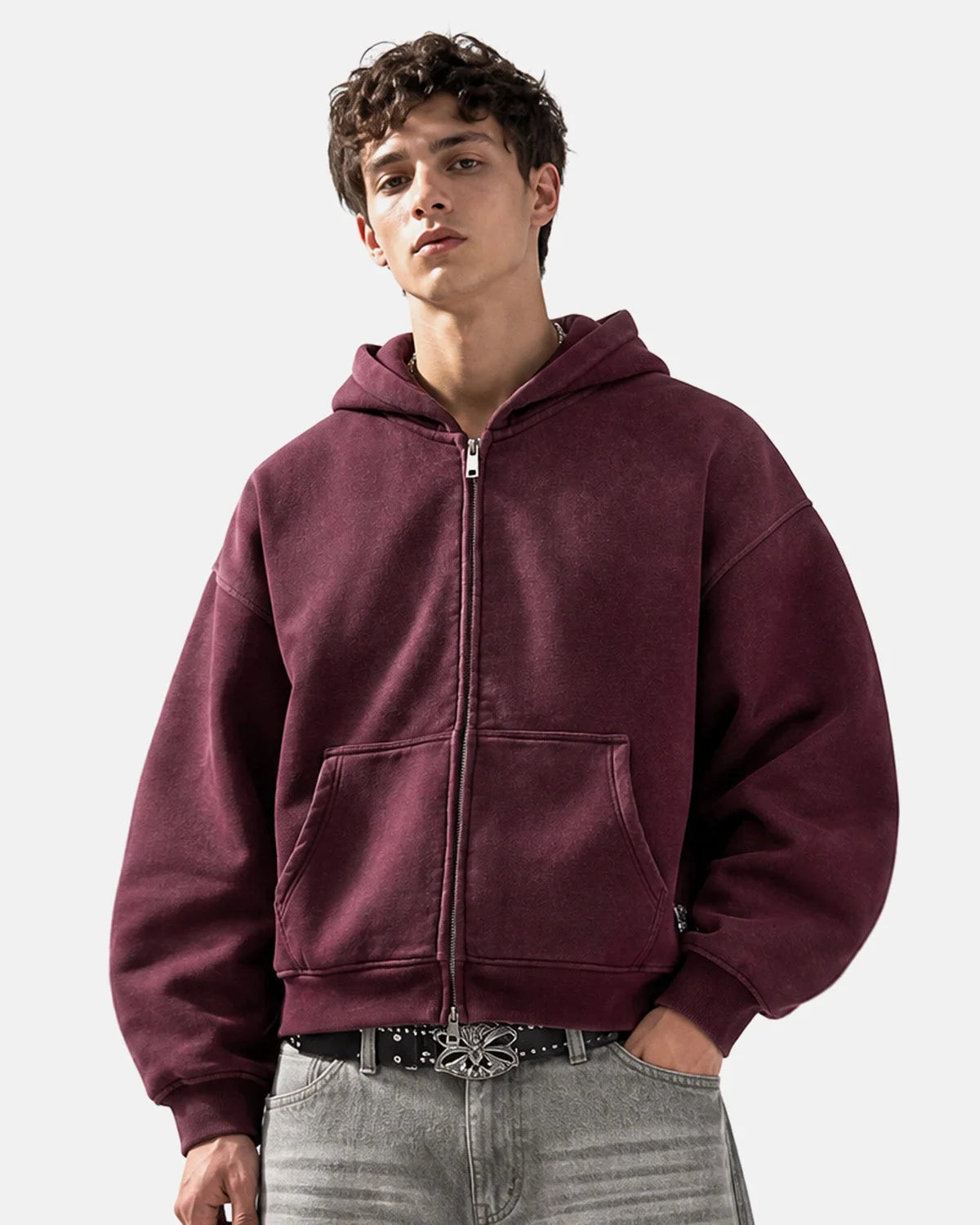 Omygoods Monkey Washed Fleece Boxy Zip Up Hoodie