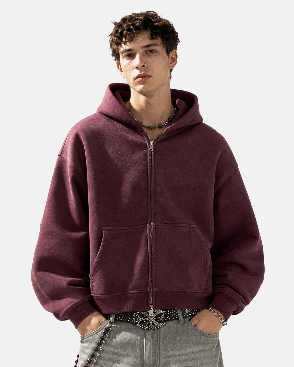 Omygoods Monkey Washed Fleece Boxy Zip Up Hoodie