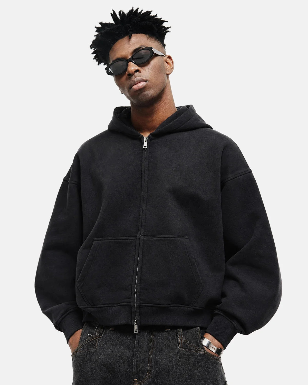 Omygoods Monkey Washed Fleece Boxy Zip Up Hoodie