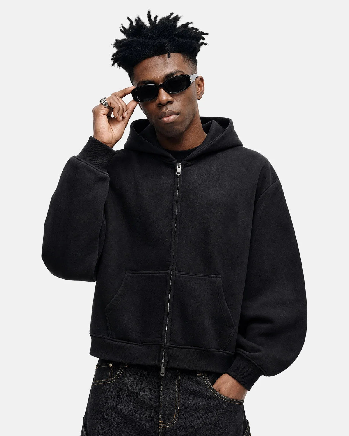 Omygoods Monkey Washed Fleece Boxy Zip Up Hoodie
