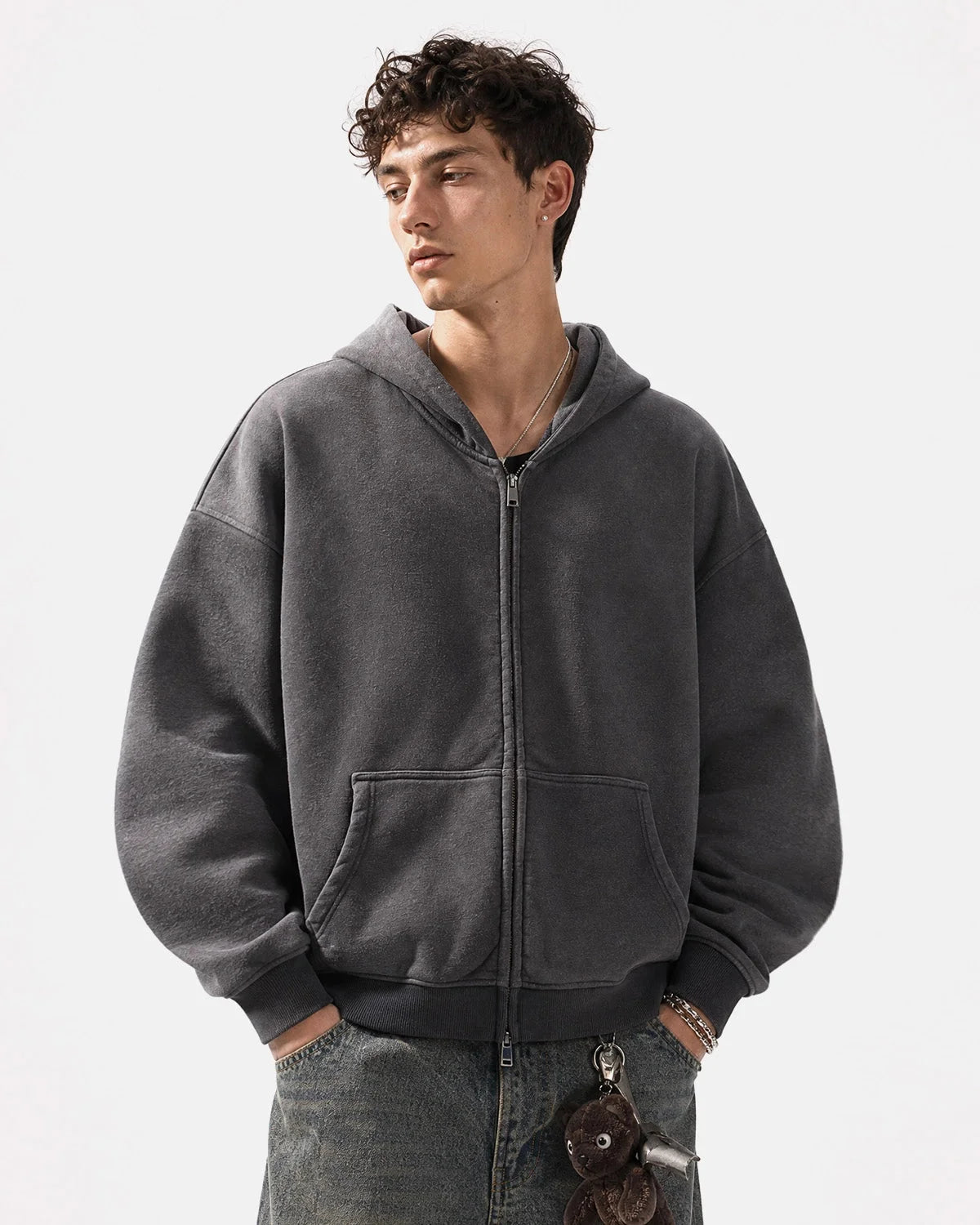 Omygoods Monkey Washed Fleece Boxy Zip Up Hoodie