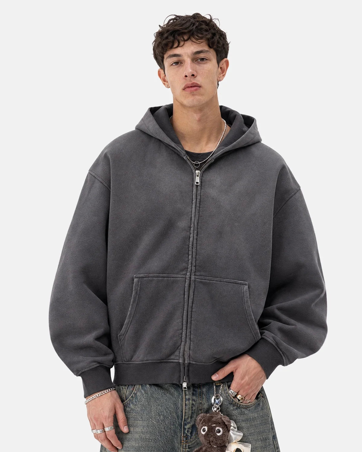 Omygoods Monkey Washed Fleece Boxy Zip Up Hoodie