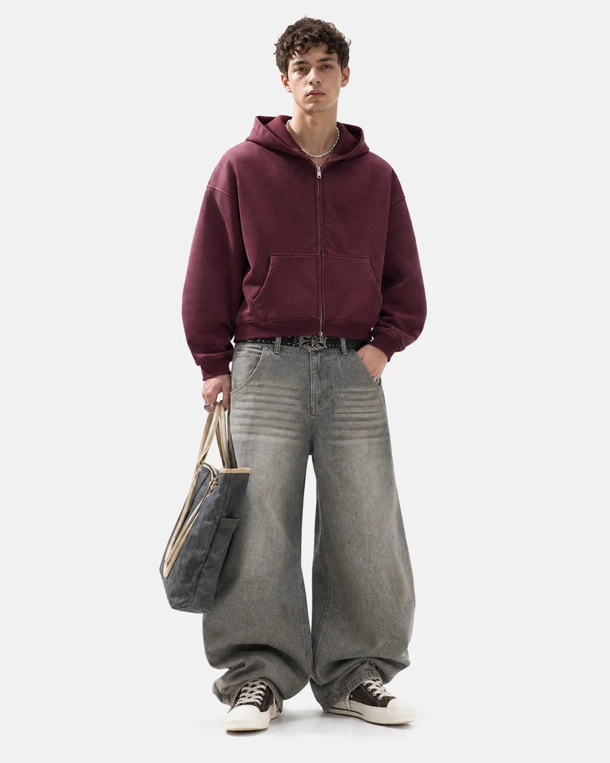 Omygoods Monkey Washed Fleece Boxy Zip Up Hoodie
