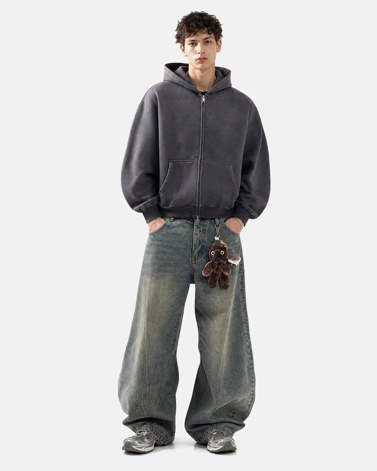 Omygoods Monkey Washed Fleece Boxy Zip Up Hoodie