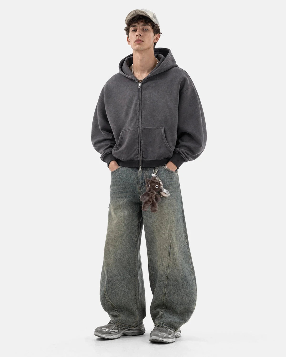 Omygoods Monkey Washed Fleece Boxy Zip Up Hoodie