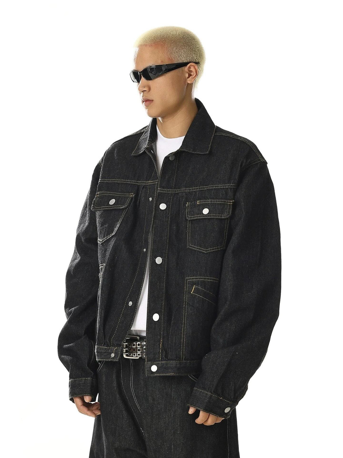 Omygoods Black Multi Pockets Denim Jacket