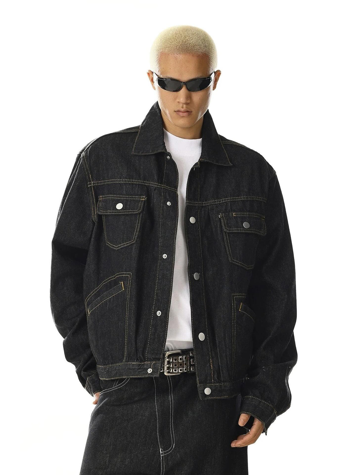 Omygoods Black Multi Pockets Denim Jacket