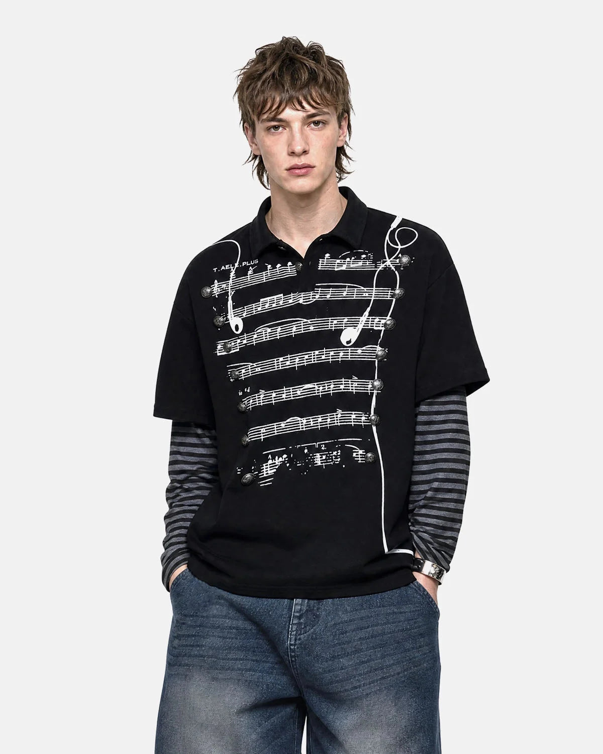 Omygoods Music Graphic Layered Polo Shirt