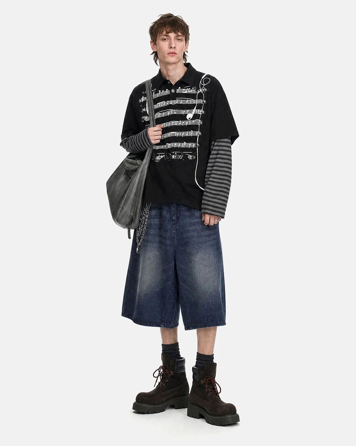 Omygoods Music Graphic Layered Polo Shirt