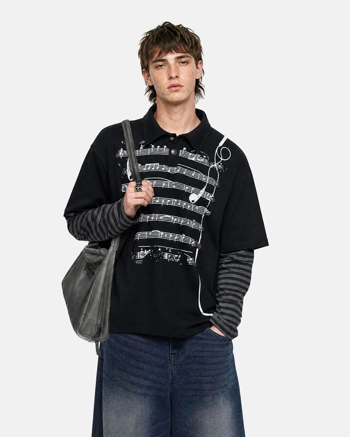 Omygoods Music Graphic Layered Polo Shirt