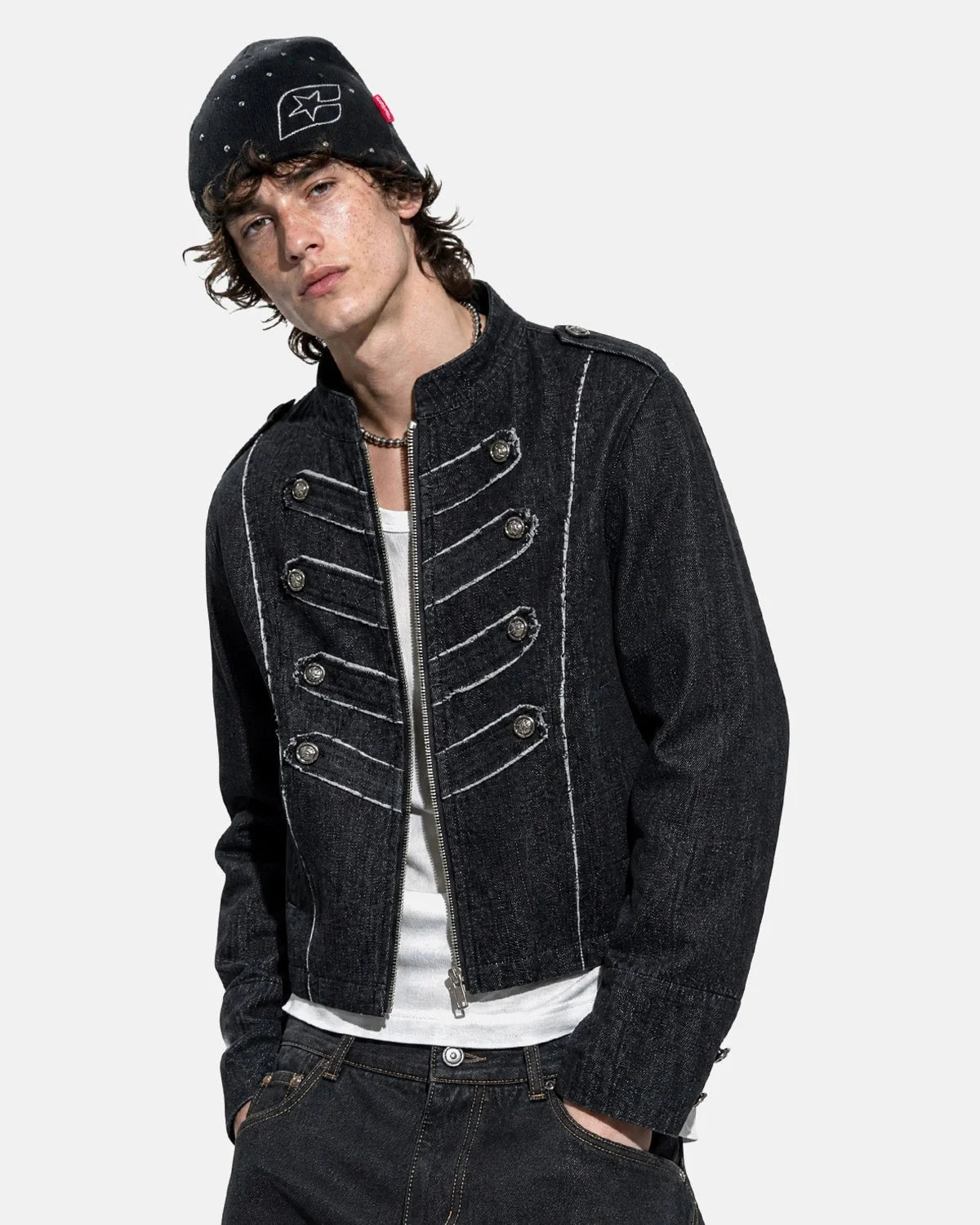 Omygoods Napoleon-Inspired Cropped Denim Jacket