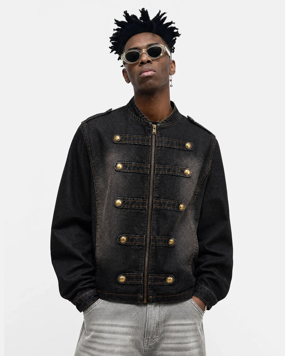 Omygoods Napoleon-Inspired Washed Denim Jacket